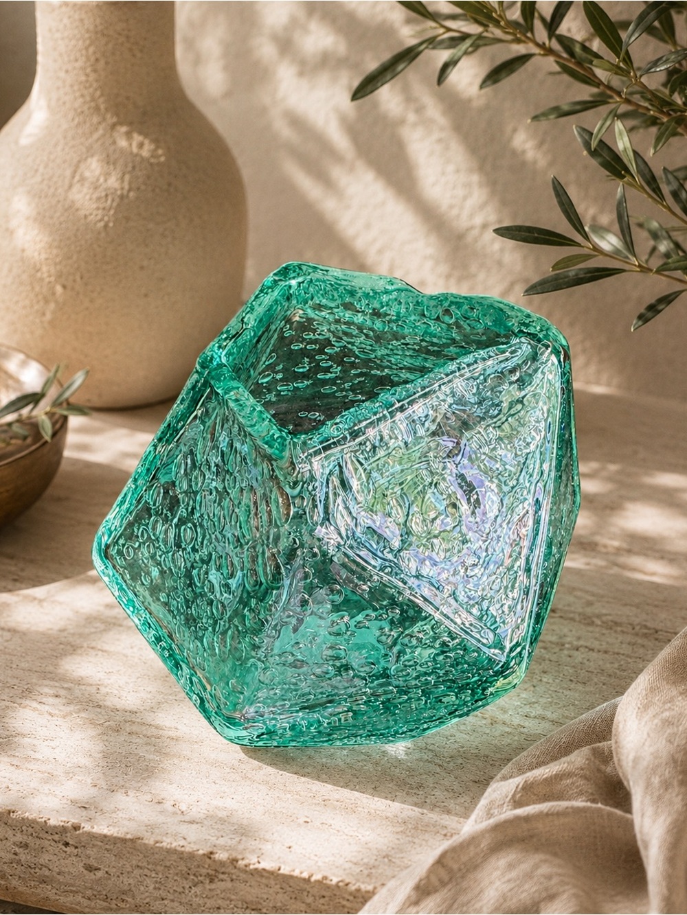 Aqua Teal Geometric Bubble Glass Vase Sculptural Modern Decor